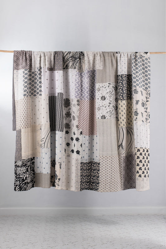 Powder Patch Kantha Bedcover -Black & White-