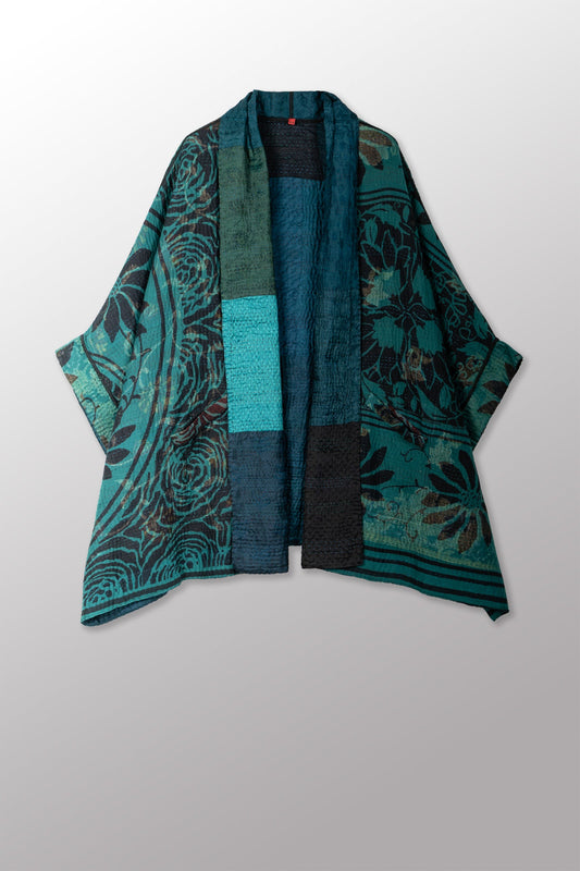 EMERALD GREEN KANTHA DOUBLE COLLAR PONCHO - eg4323-tel -
