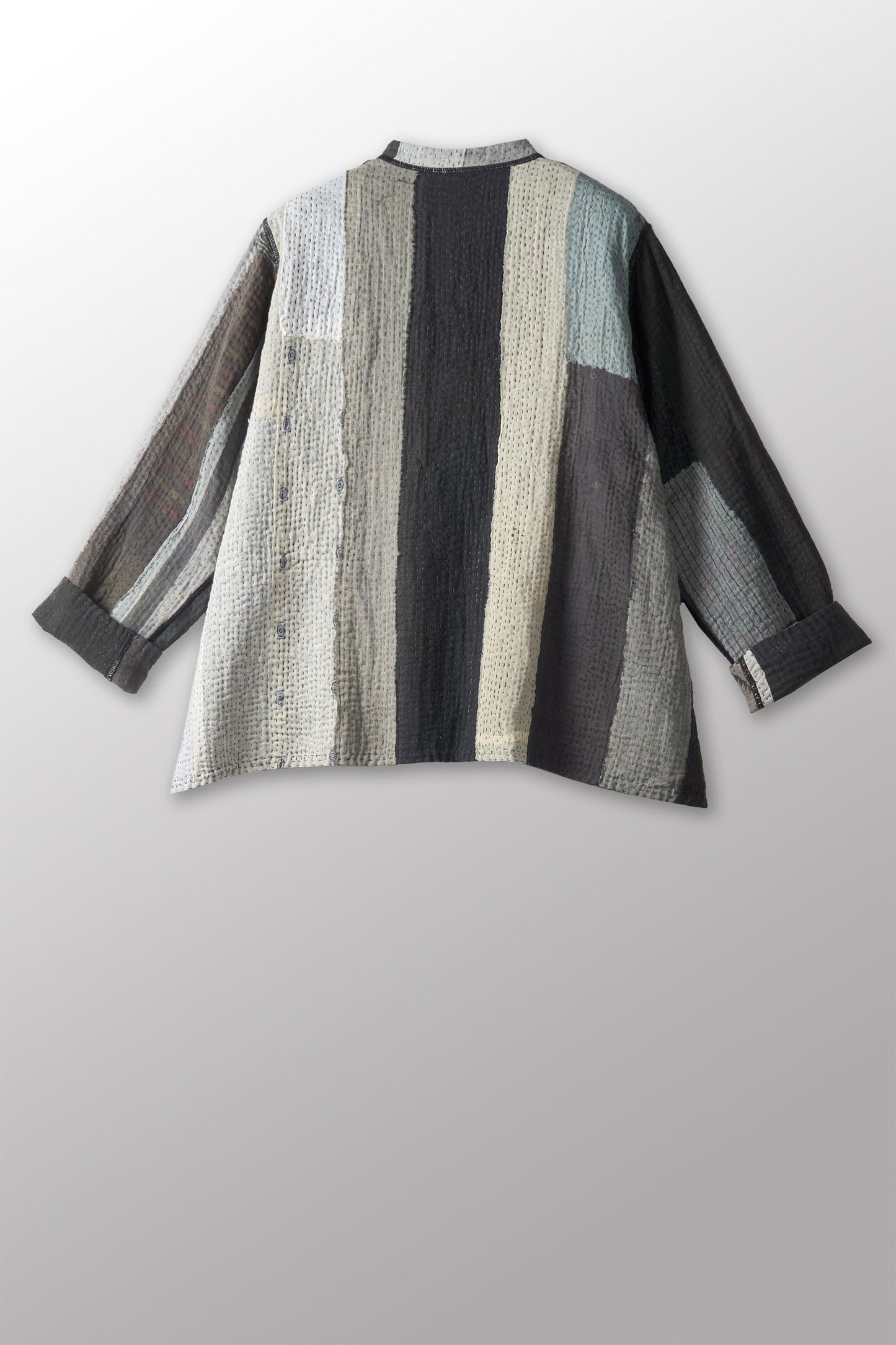 STRIPE AND CHECK COTTON SILK PATCH KANTHA KAFTAN JACKET SHORT - ss4088-blk -