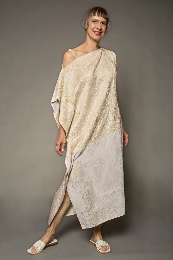 HALF SILK PATCH KANTHA ASYMMETRIC TUBE DRESS - hs2472-ivy -
