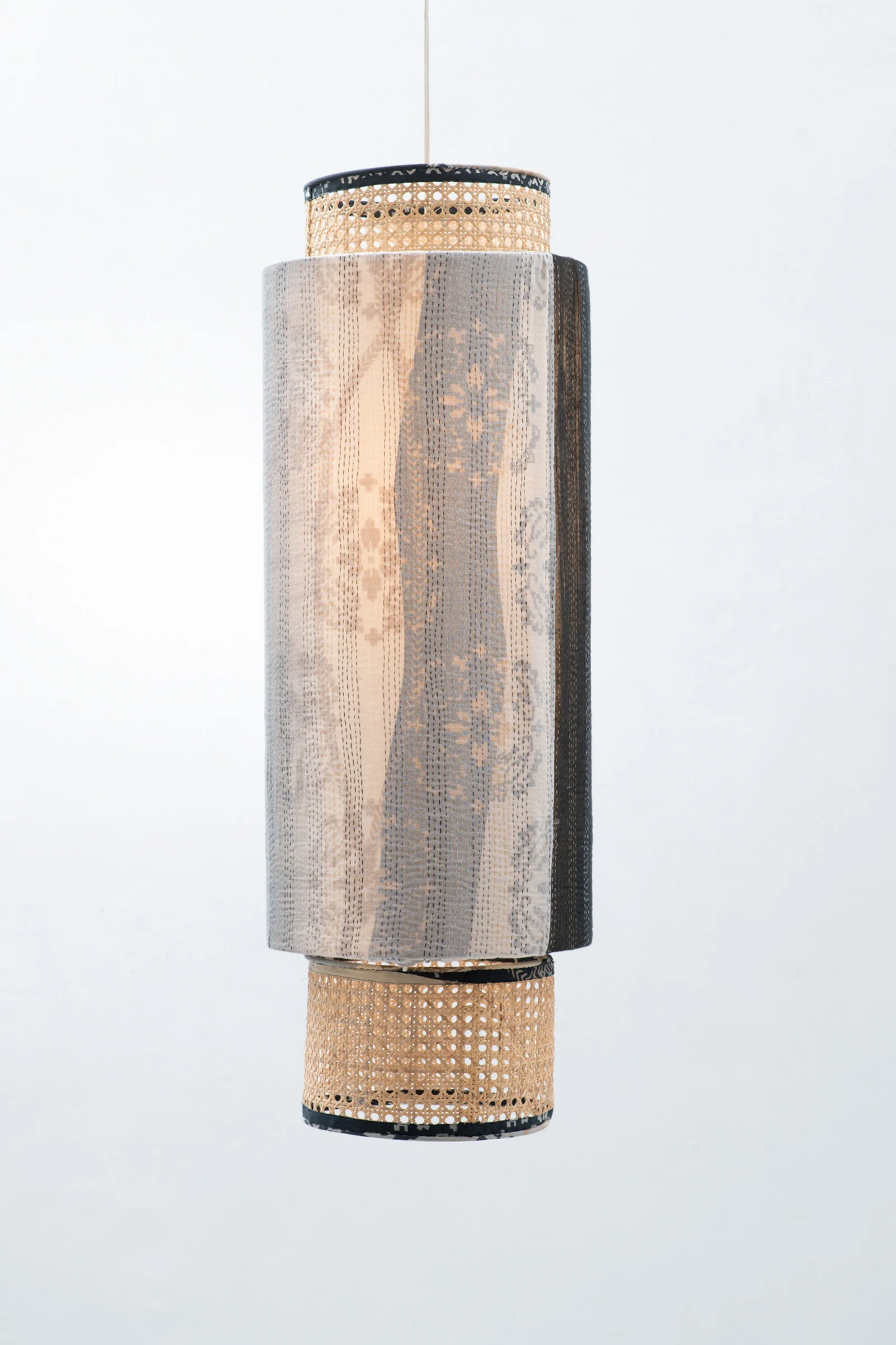 Kimono Cotton Kantha Hanging Lamp -Gray -