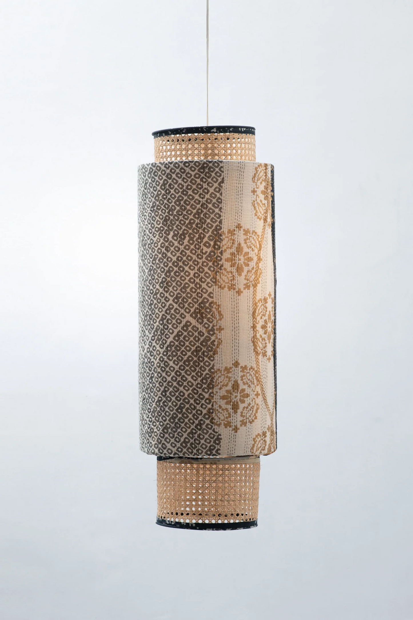 Kimono Cotton Kantha Hanging Lamp -Gray -