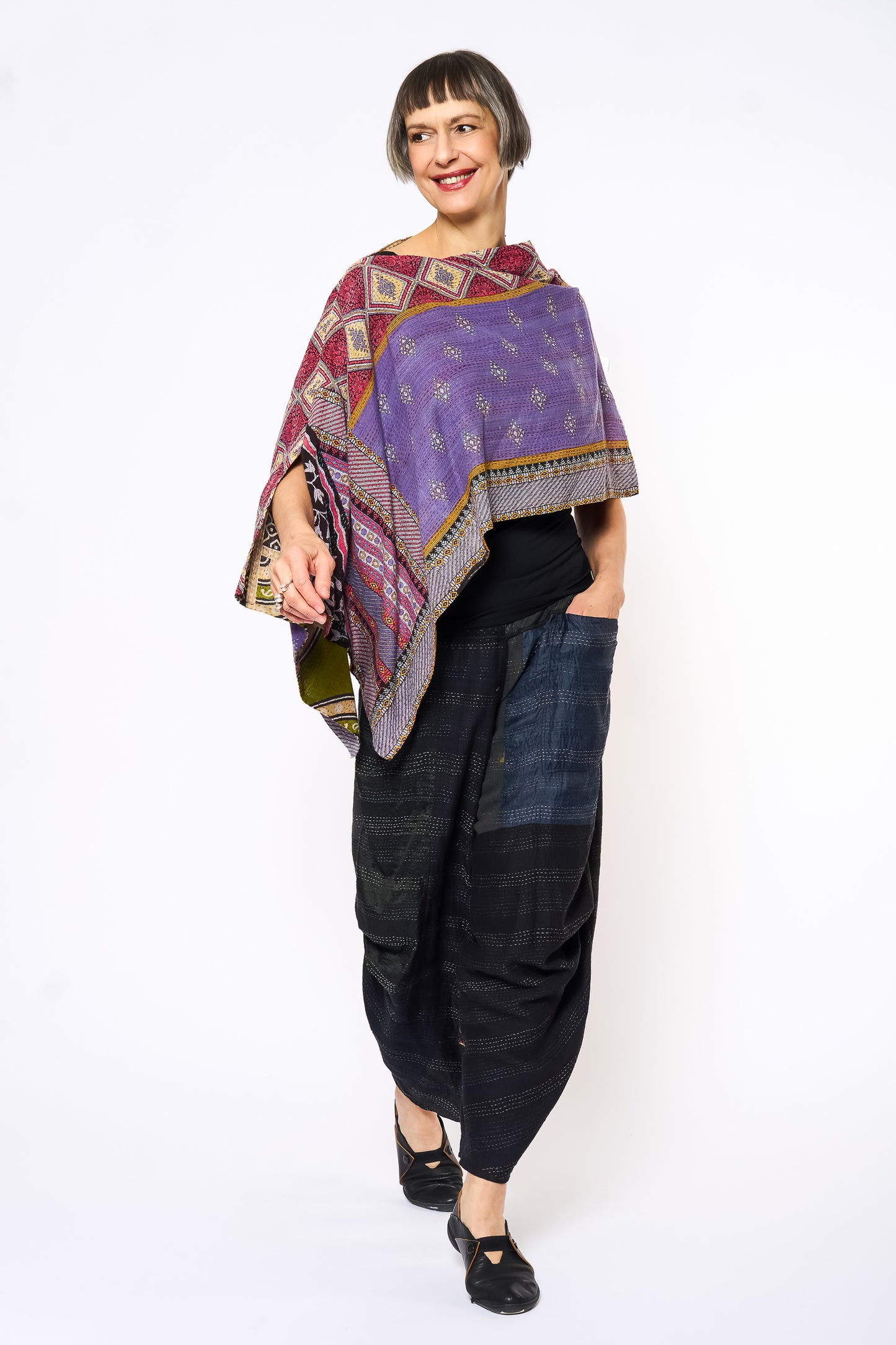 VINTAGE COTTON KANTHA CAPE - cv2806-mlt -