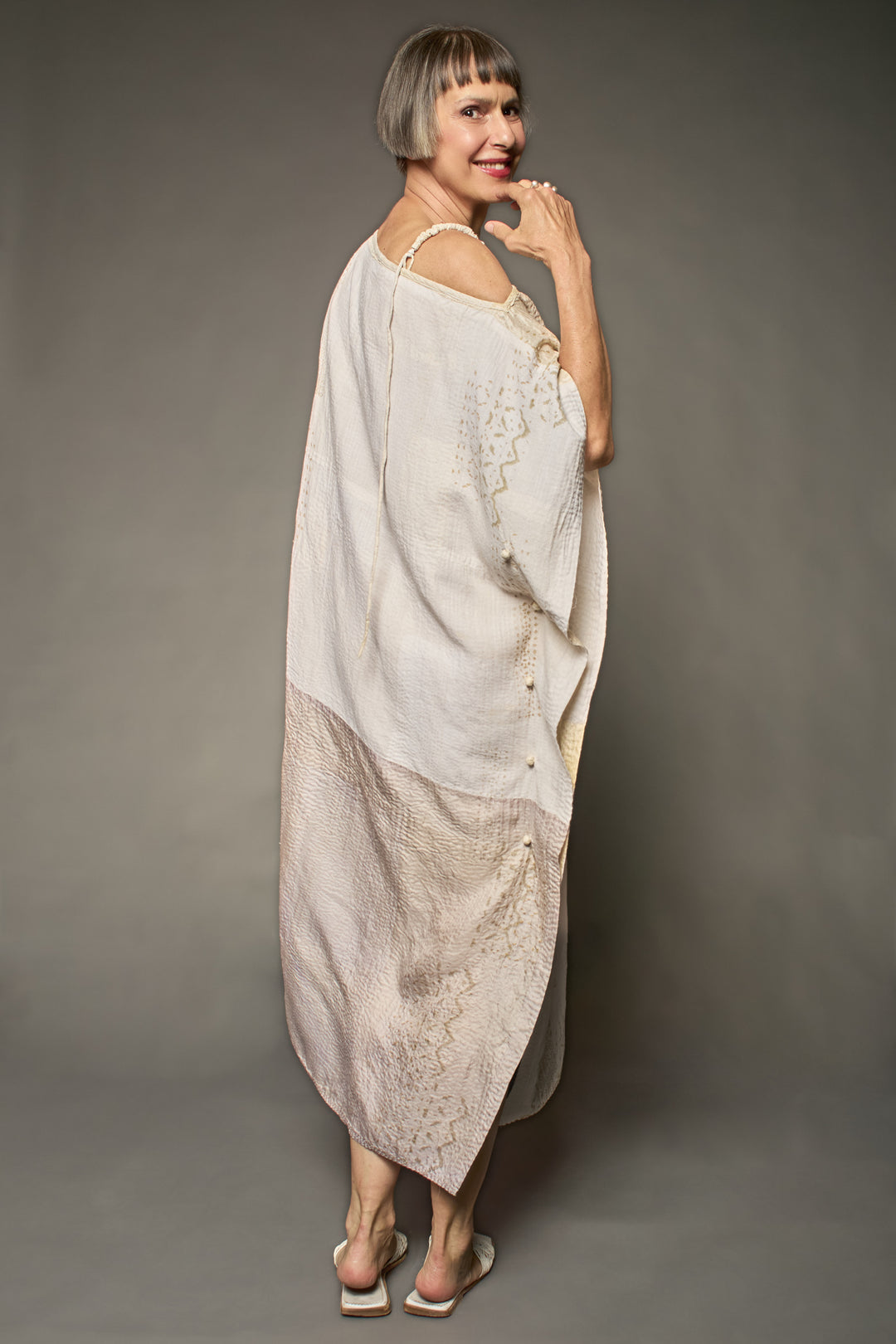 HALF SILK PATCH KANTHA ASYMMETRIC TUBE DRESS - hs2472-ivy -