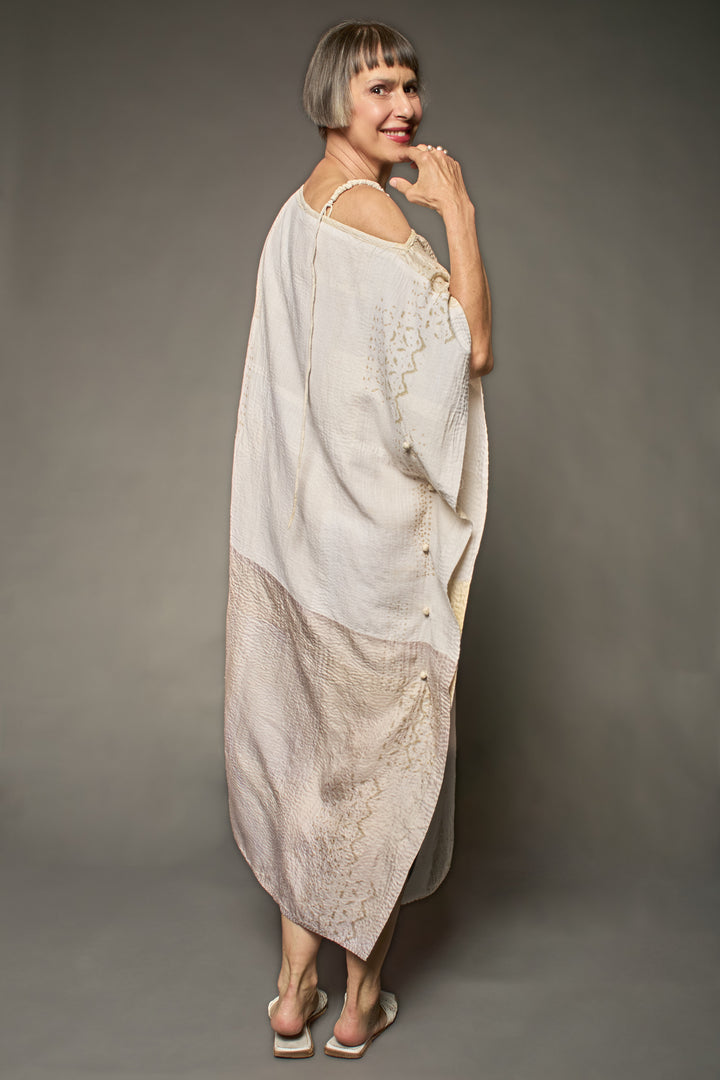 HALF SILK PATCH KANTHA ASYMMETRIC TUBE DRESS - hs2472-ivy -