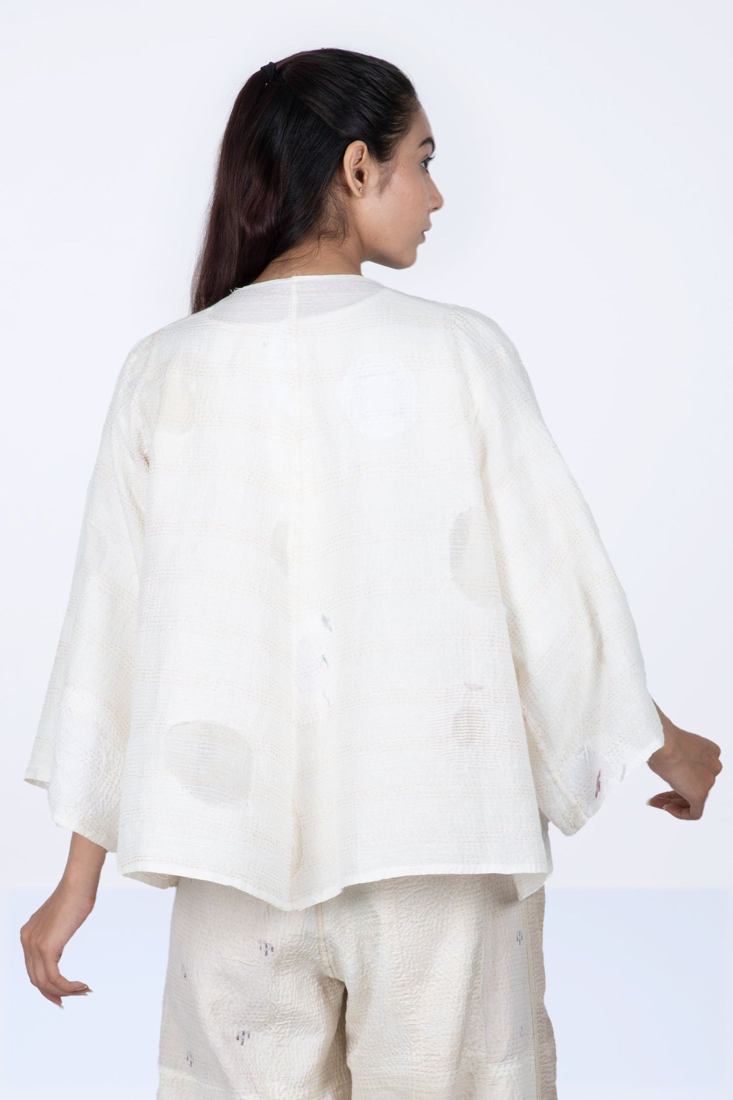 CUT THROUGH DOT AND HOLES KANTHA BELL SHAPE JKT - cd2048-ivy -