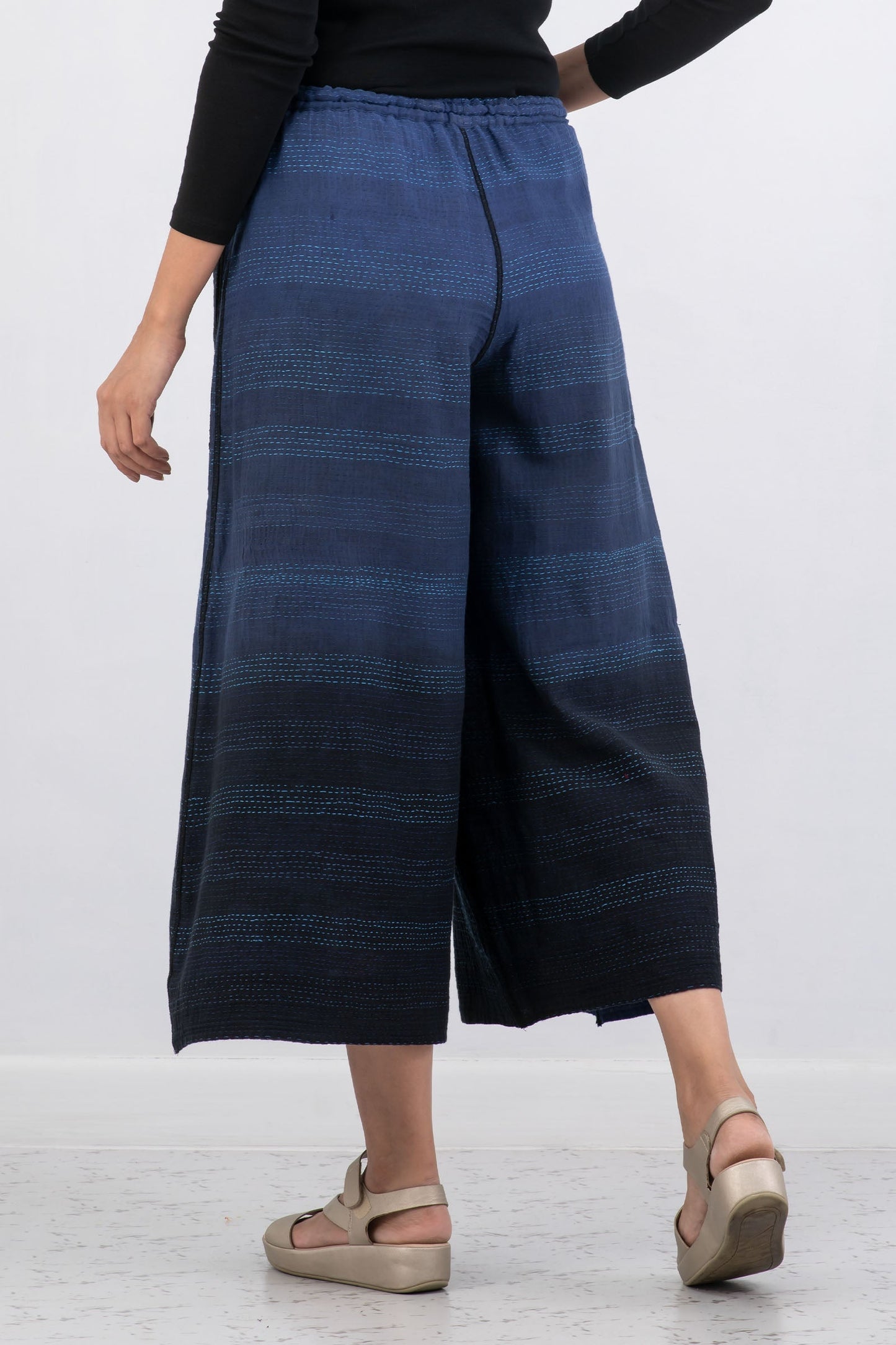 MONOTONE TWILIGHT PRINT KANTHA DRAW STRING GAUCHO - tp2627-nvy -
