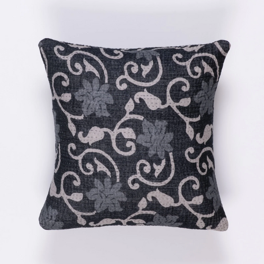 Printed Fray Vintage Cotton Kantha Pillow Sham -Black-