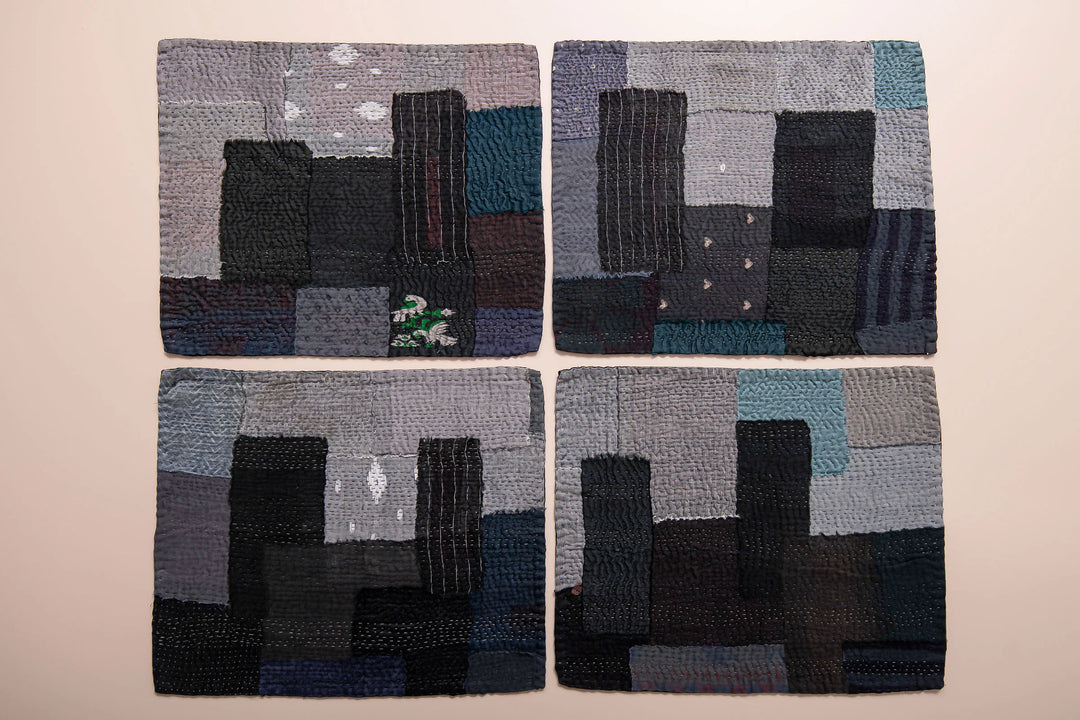 Landscape Fray Handmade vintage Kantha Placemat - Black (Set of 2)