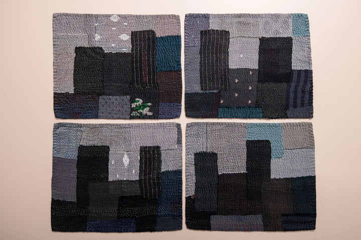 Landscape Fray Handmade vintage Kantha Placemat - Black (Set of 2)