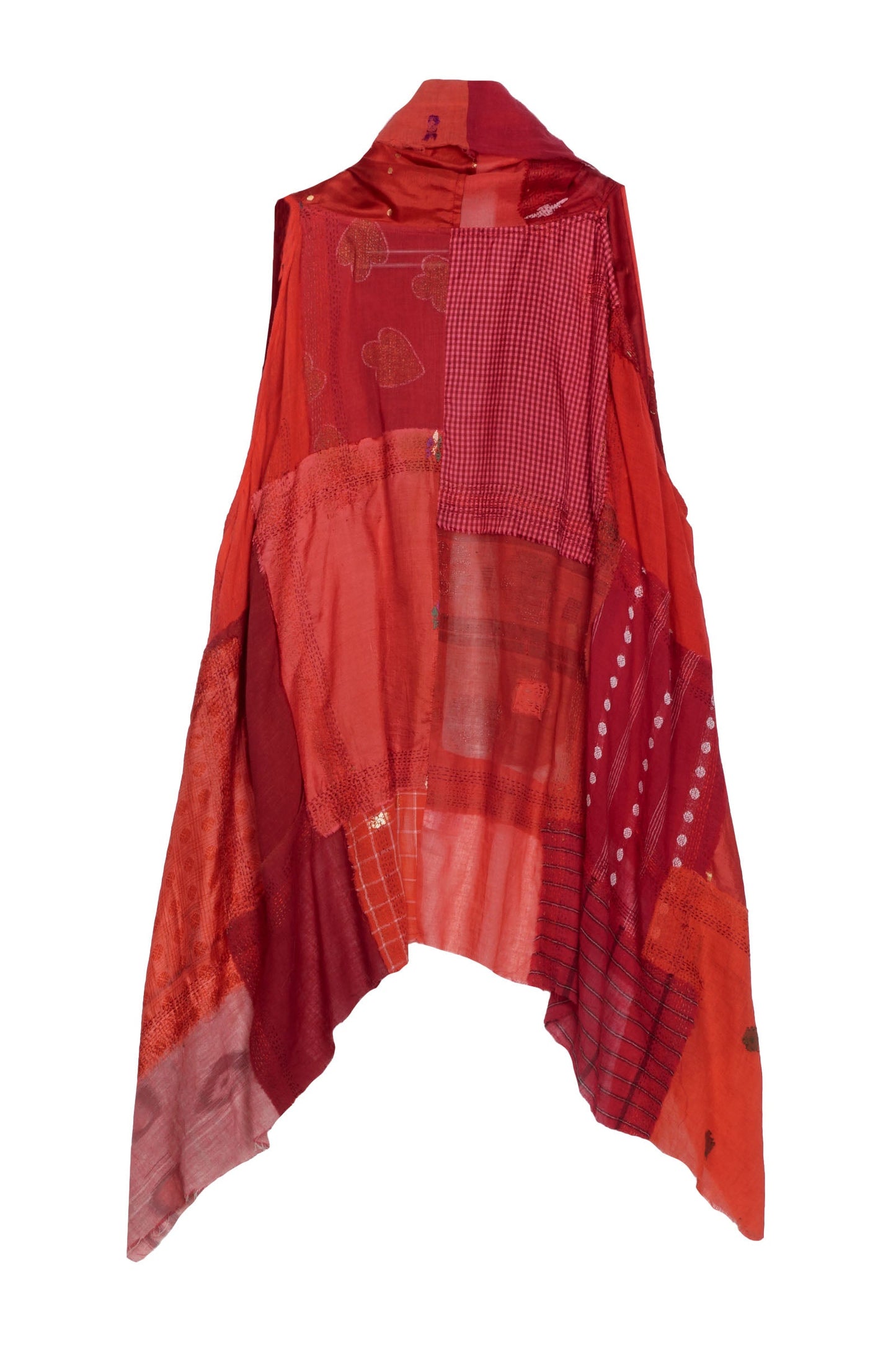 MOSAIC TILE PATCH KANTHA SHAWL VEST - mt1219-red -