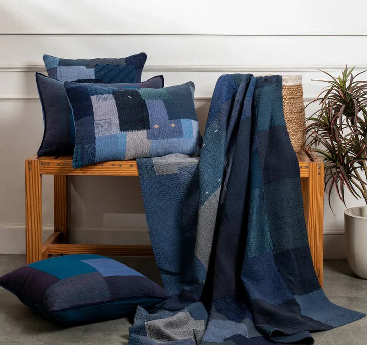 Landscape Fray Patch vintage Kantha Quilts - Navy