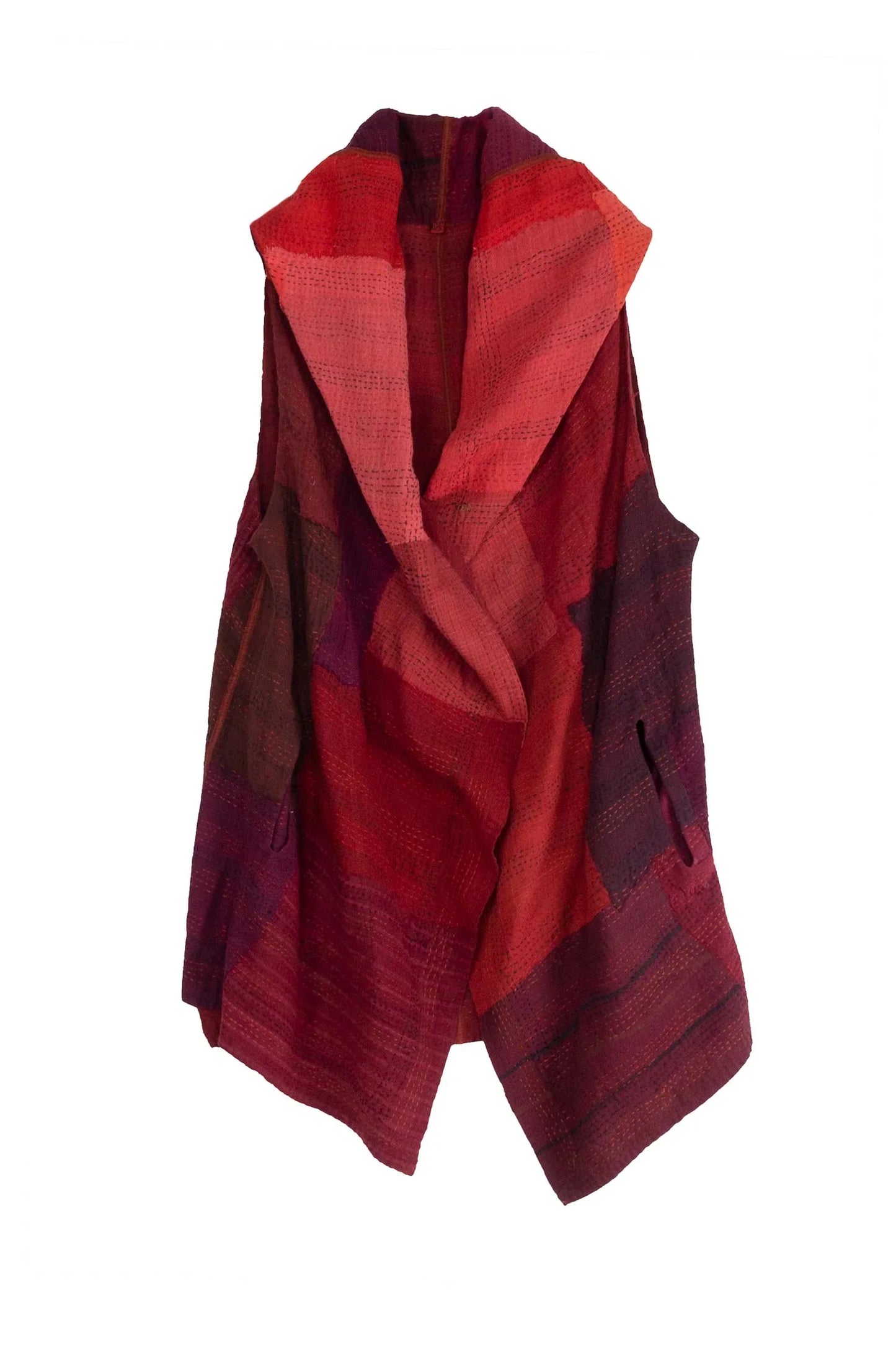 LANDSCAPE FRAYED PATCH KANTHA PUFF COLLAR VEST - lf2232-red -