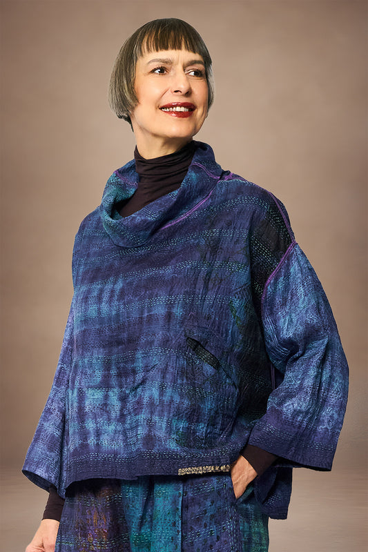 TIE DYE VINTAGE SILK KANTHA COWL PULLOVER - st-sv2547-nvy -