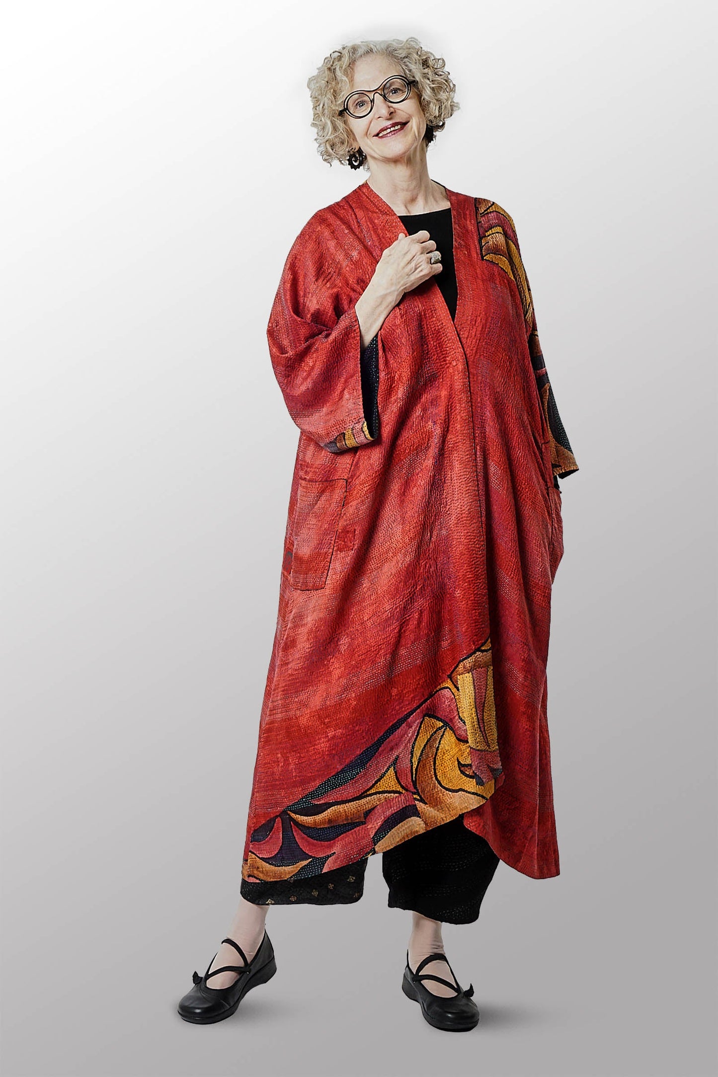 VINTAGE SILK GEORGETTE KANTHA KIMONO MAXI - sg2318-0002a -