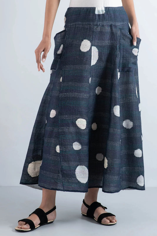 CUT THROUGH DOT AND HOLES KANTHA PANELED FLARE SKIRT - cd2630-blu -