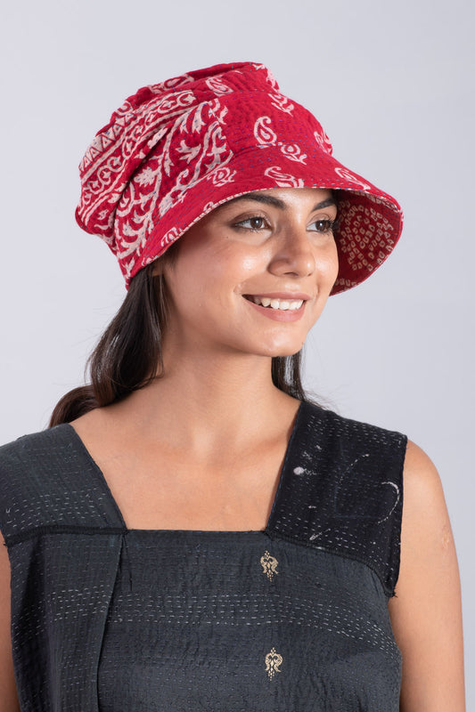 VINTAGE COTTON KANTHA HALF BRIM HAT - cv4881-red -