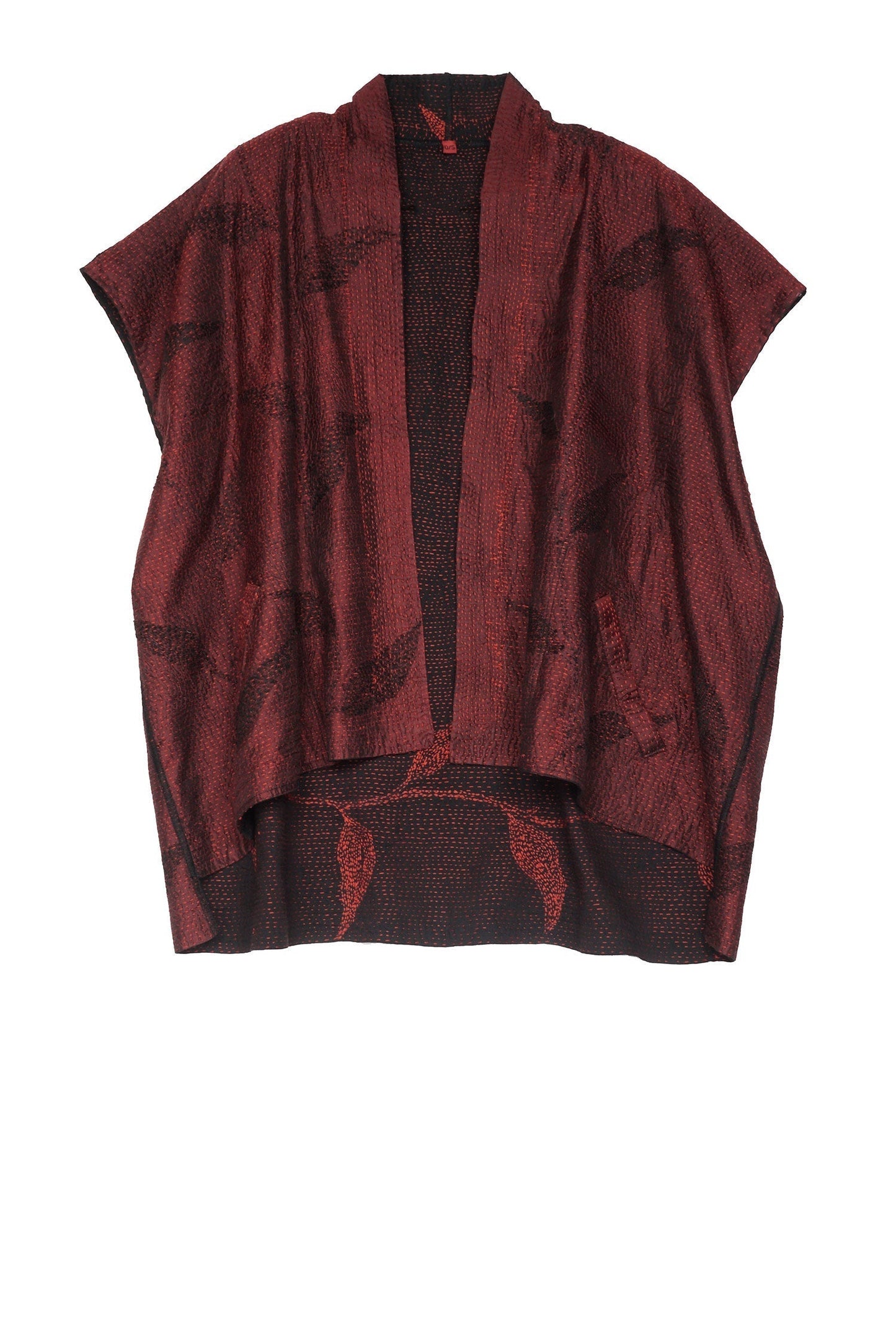 NIGHT BAMBOO SILK COTTON KANTHA MINI KIMONO VEST - nb2238-red -
