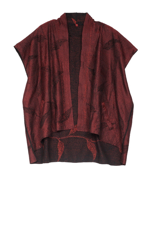 NIGHT BAMBOO SILK COTTON KANTHA MINI KIMONO VEST - nb2238-red -
