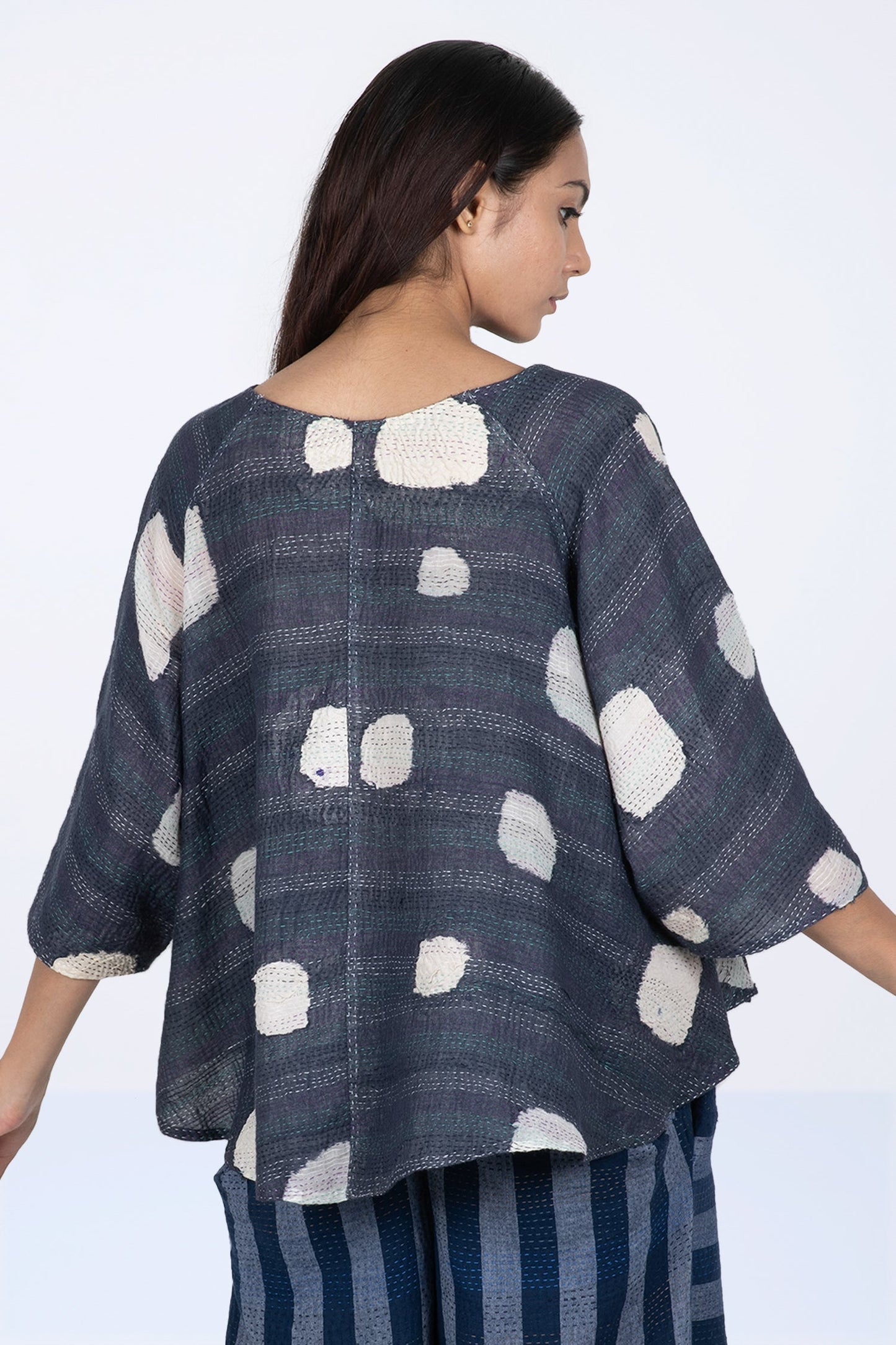 CUT THROUGH DOT AND HOLES KANTHA PUFF SLV. FLARE SHORT TOP - cd2544-blu -