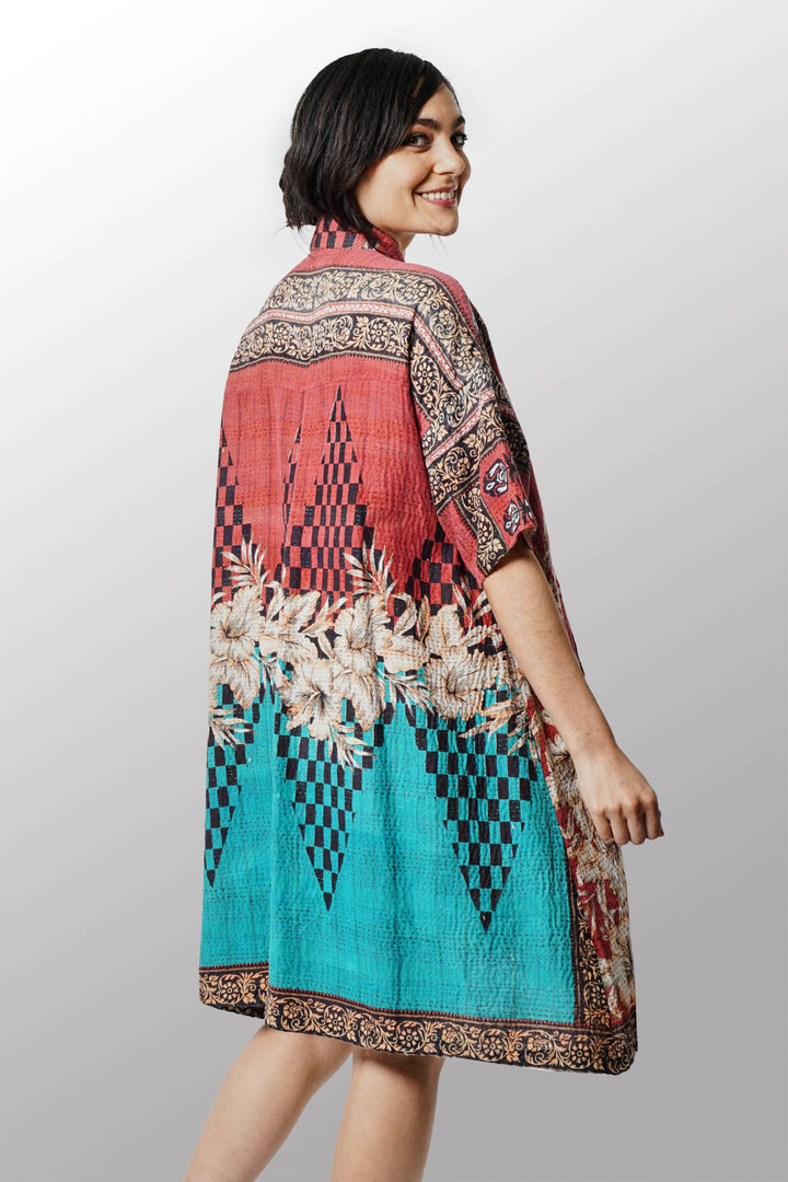ROBE CHEMISE VINTAGE EN COTON KANTHA MANCHES COURTES - cv2429-0010a -