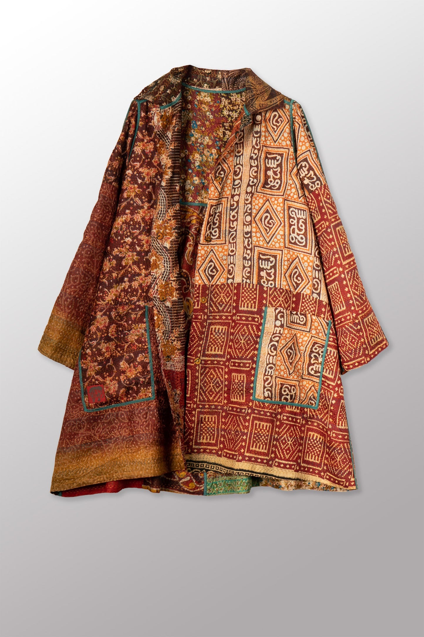 VINTAGE SILK KANTHA A-LINE DUSTER - sv2311-0012a -