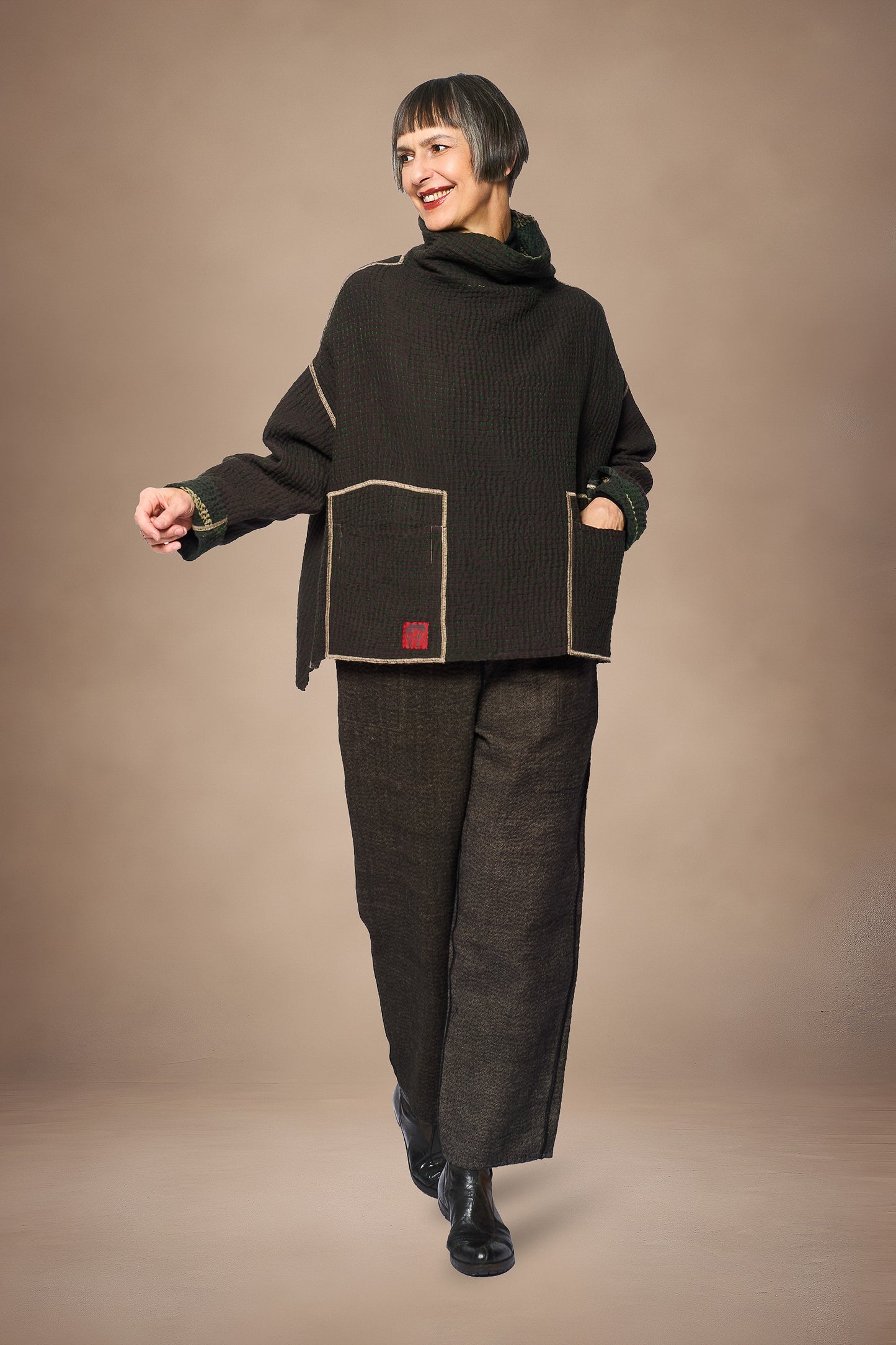 ABSTRACT WAFFLE KANTHA FUNNEL NECK PULLOVER - bw3t106-grn -