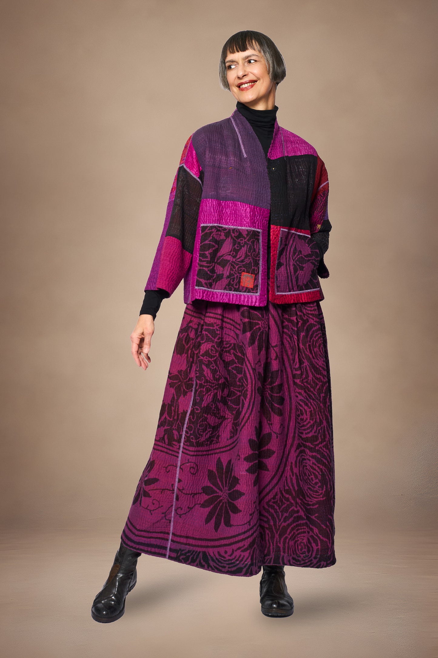 AMETHYST COTTON SILK KANTHA STAND COLLAR CROPPED JACKET - oc4034-prp -