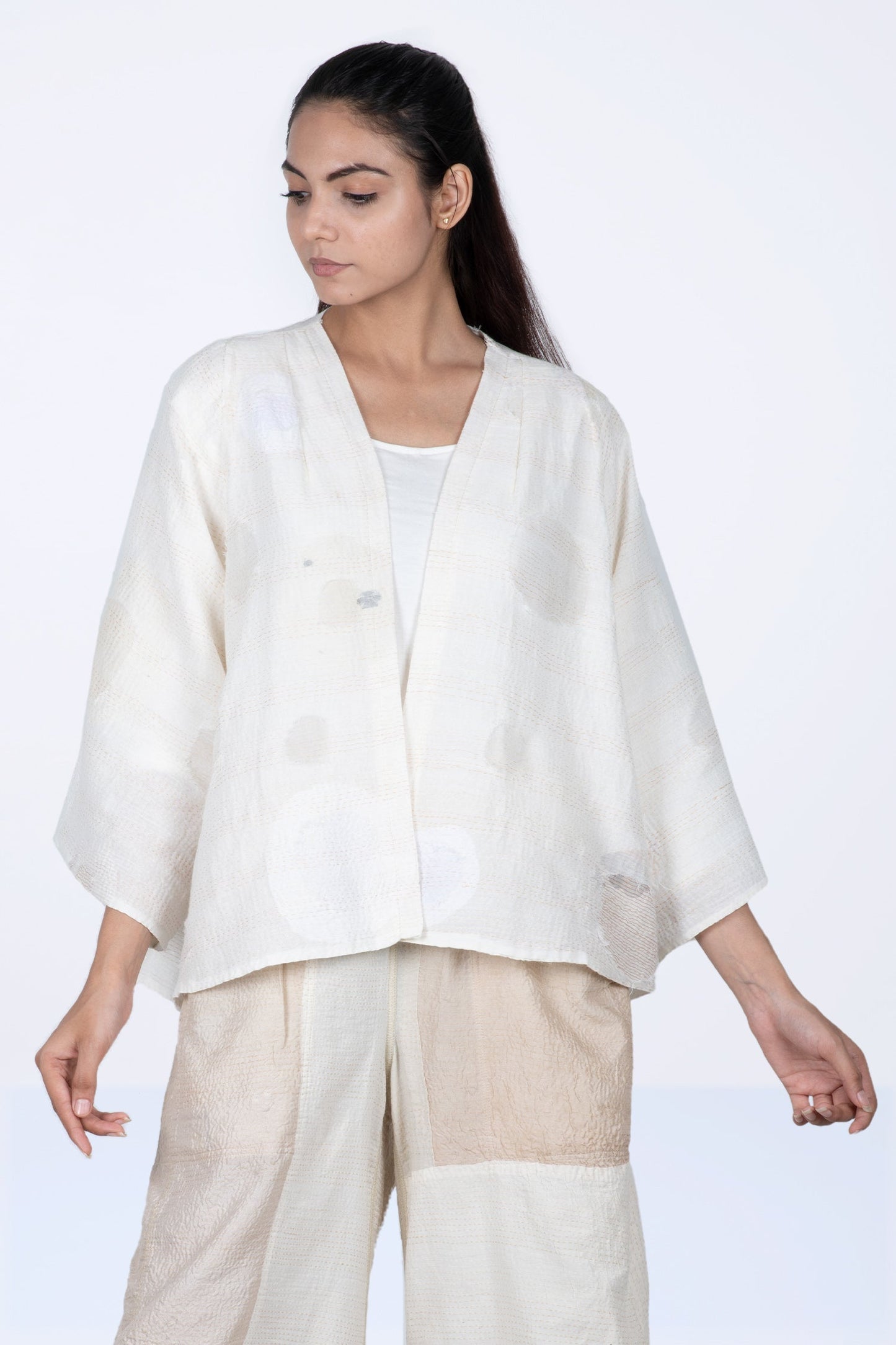 CUT THROUGH DOT AND HOLES KANTHA BELL SHAPE JKT - cd2048-ivy -