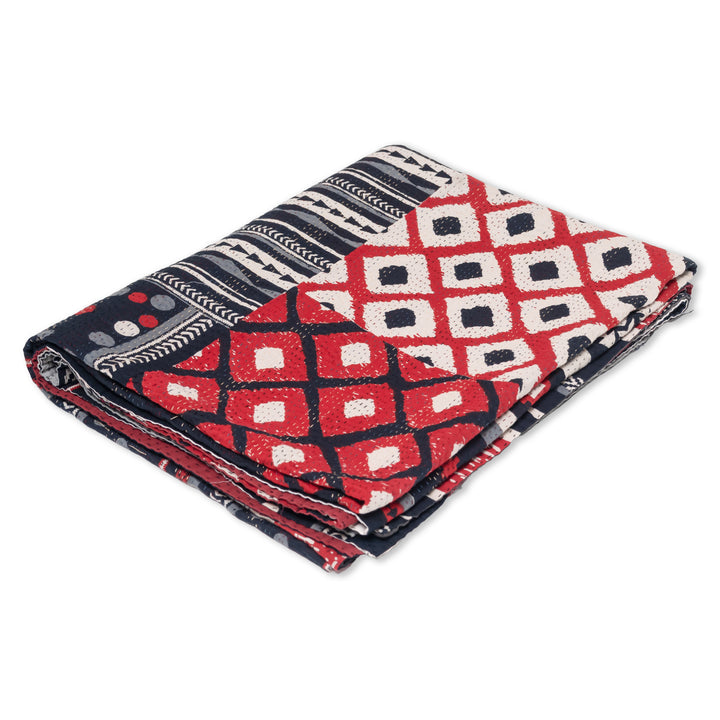 Monotone Ikat Handmade Vintage Kantha Throw - Red