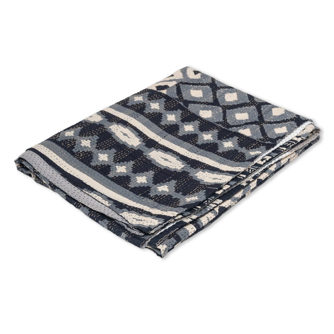 Monotone Ikat Handmade Vintage Kantha Throw - Black