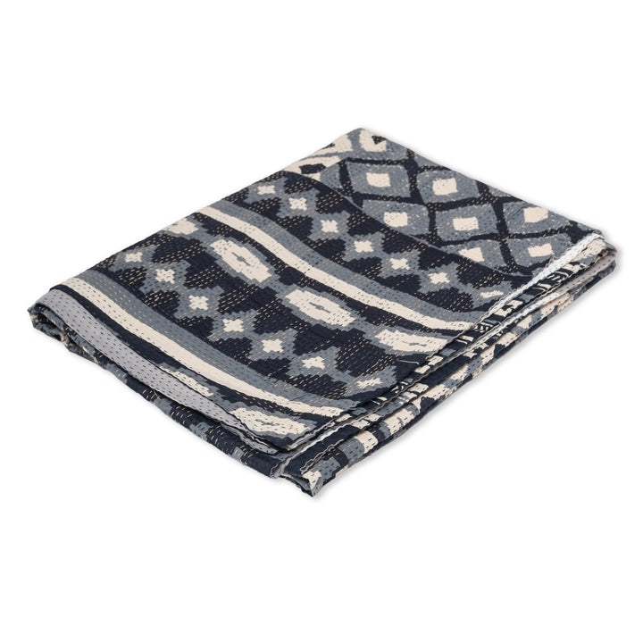 Monotone Ikat Handmade Vintage Kantha Throw - Black
