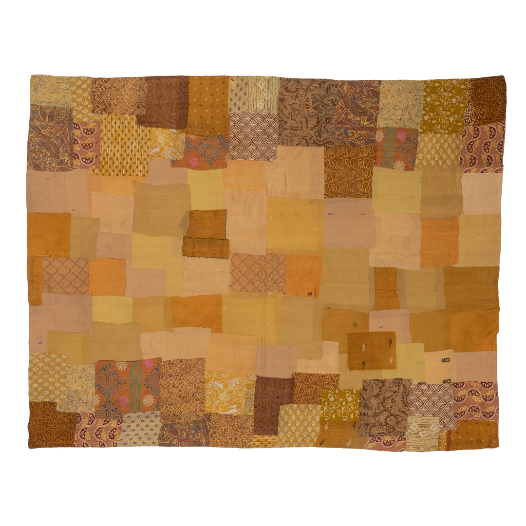 Printed Fray Patch  Vintage Cotton Kantha Table Cover  -Golden