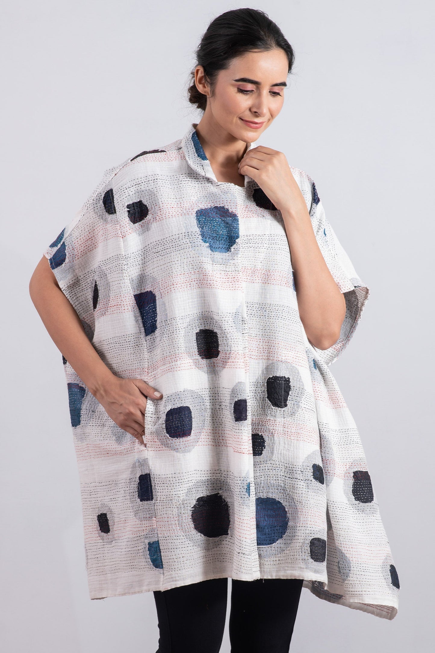 CUT OUT KANTHA SHIRT PONCHO - ck2545-wht -