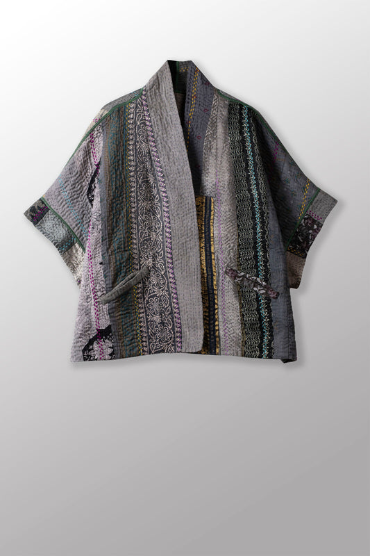 JEWEL WOVEN WITH VERTICAL PATCH KANTHA MINI PONCHO - jv4060-gry -