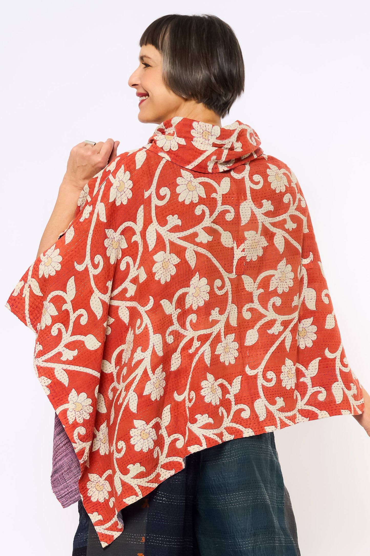 VINTAGE COTTON KANTHA COWL NECK LONG CAPE - cv2842-mlt -