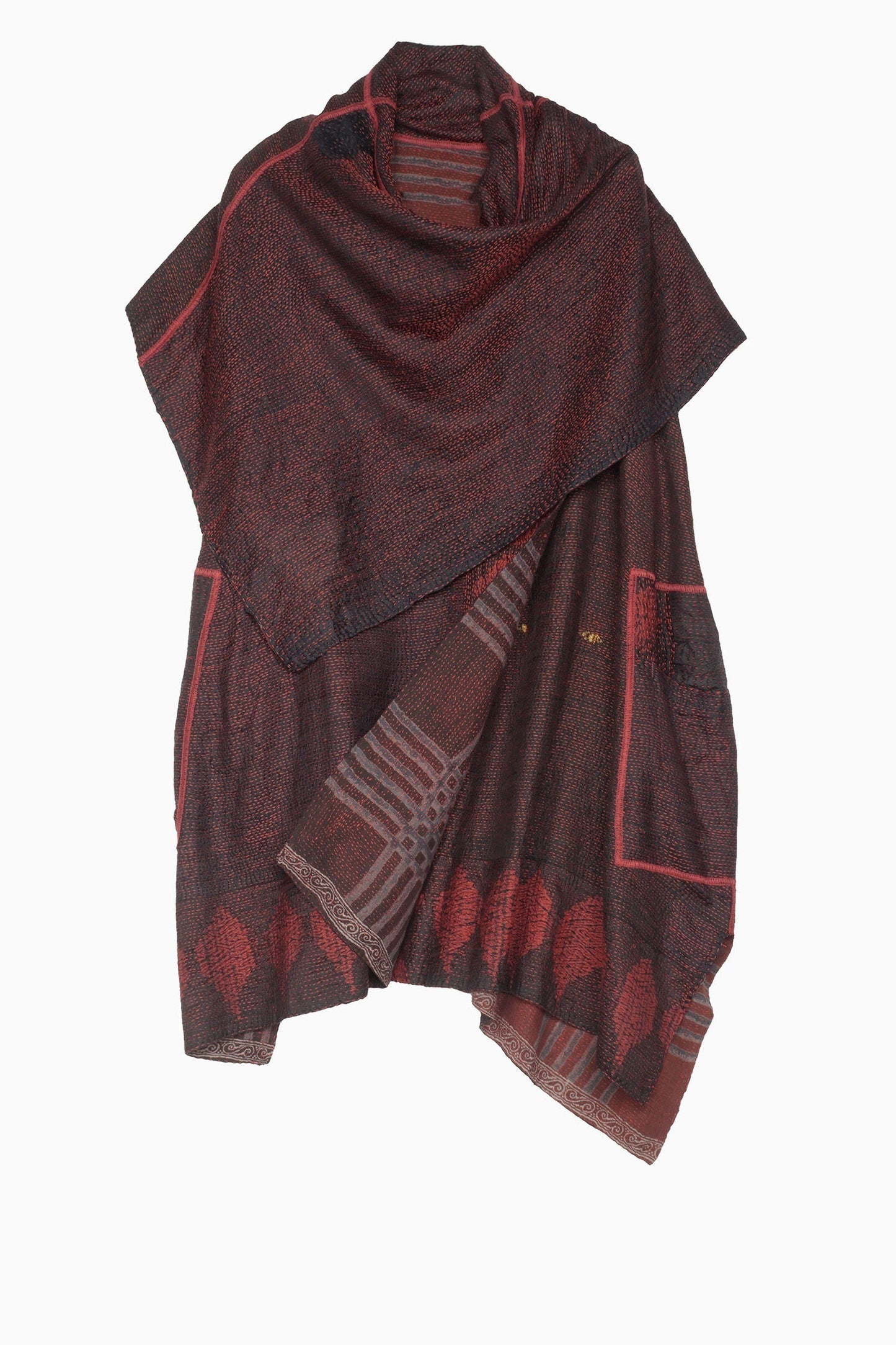 INDONESIAN PRINT & BORDER SHIBORI KANTHA COWL NECK FLARE TOP - ib2529-red -