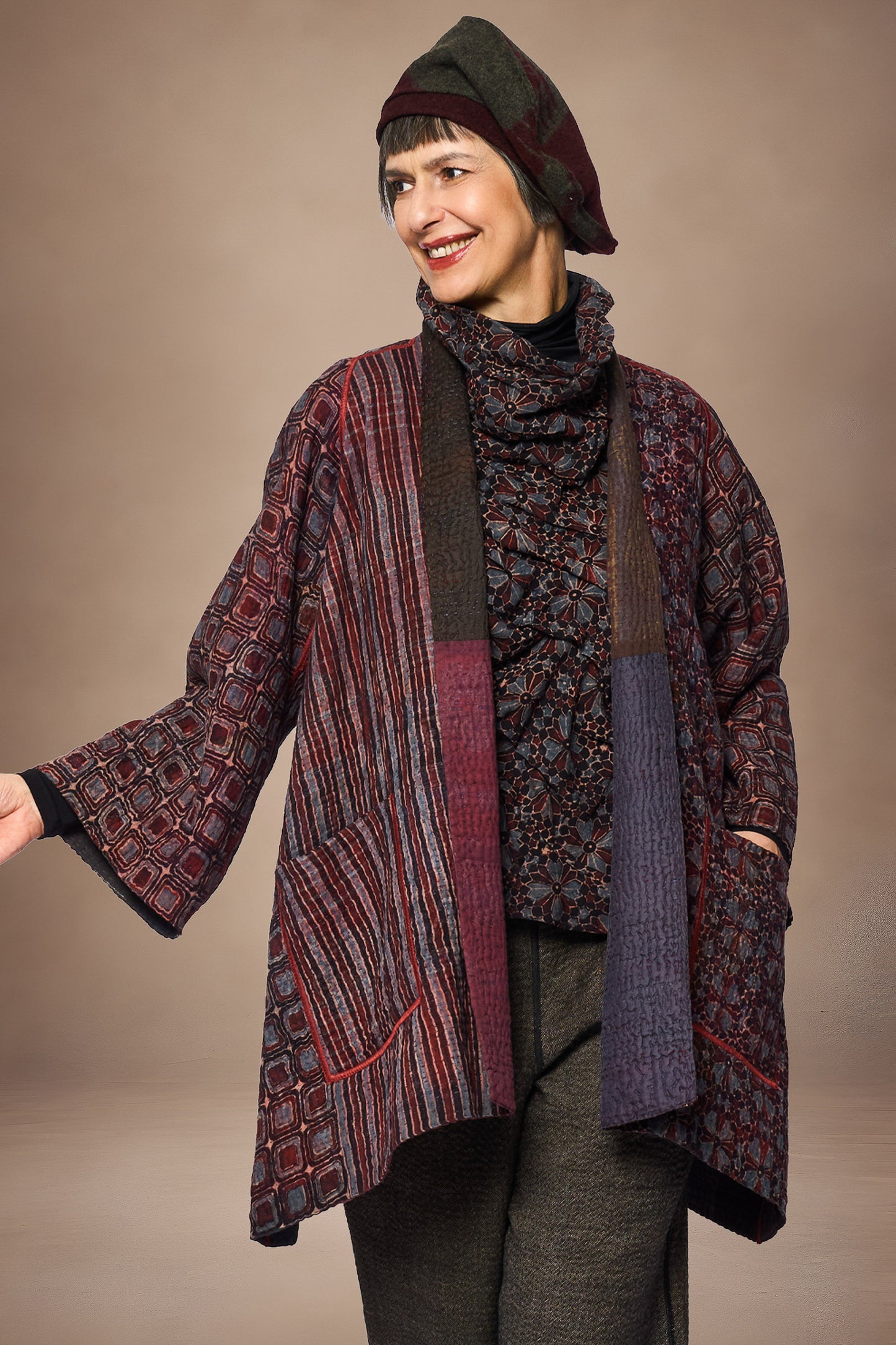 AJRAKH PRINT AND SILK COTTON PATCH KANTHA A-LINE JACKET - az4003-brn -