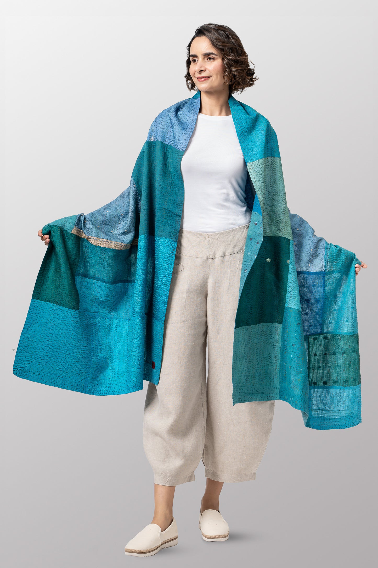 COTTON SILK SW PATCH KANTHA SHAWL LARGE - ws2803-tuq -