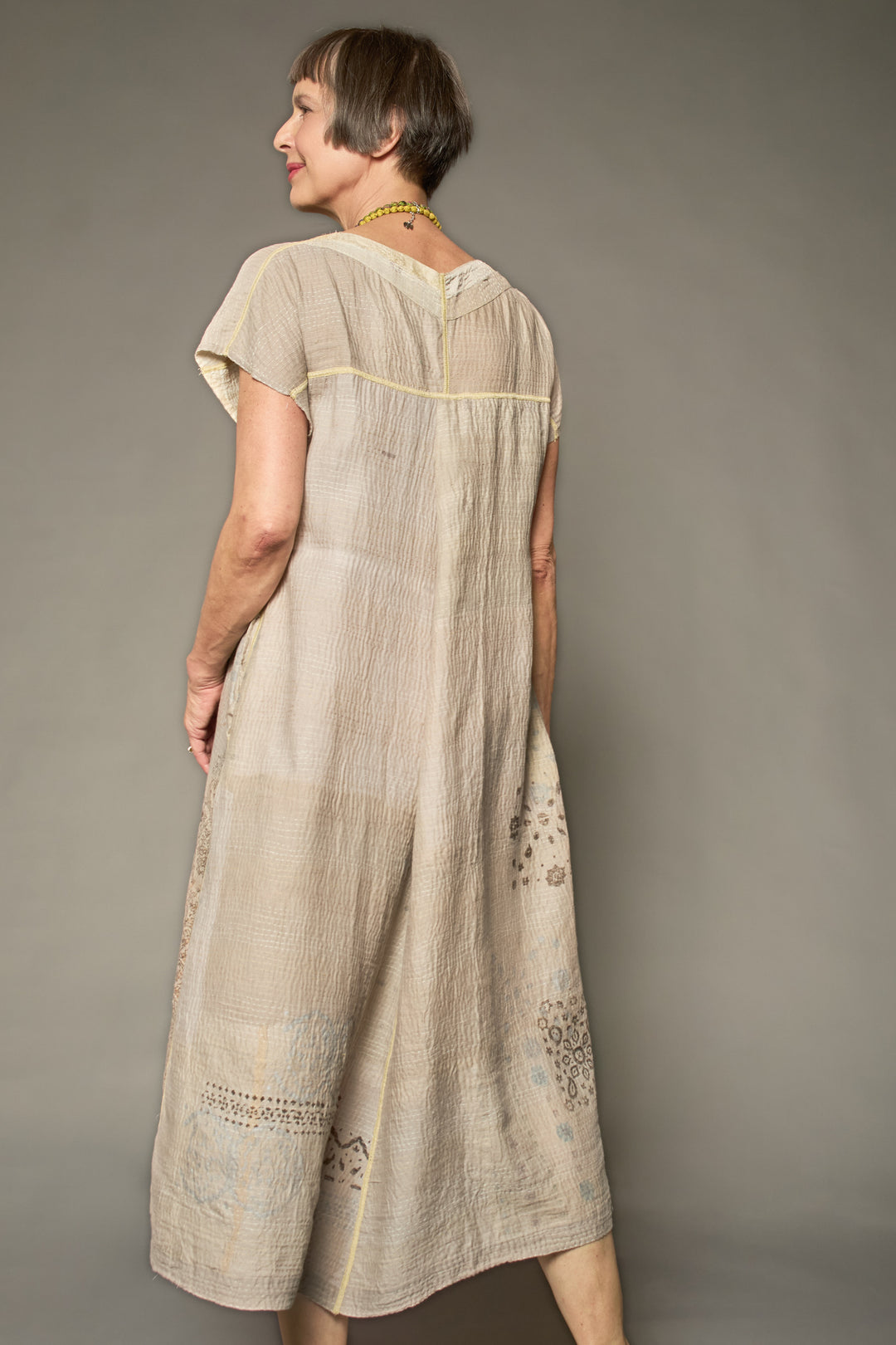 MOSAIC FRAY PATCH KANTHA V-NECK FRENCH SLV. DRESS - zb2467-ivy -