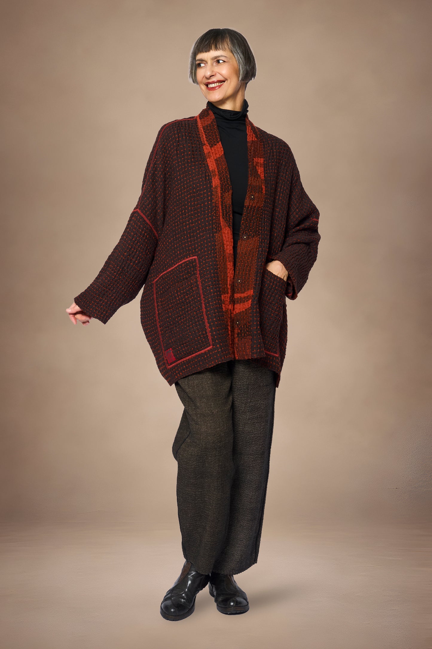 ABSTRACT WAFFLE KANTHA KIMONO WRAP SHORT - bw3358-org -