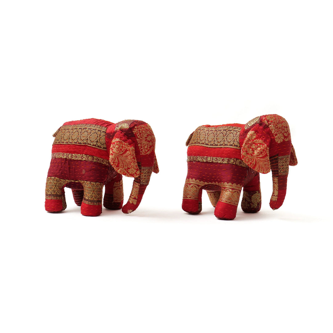 Jewel Striped metallic kantha Elephant Soft Toy- Red
