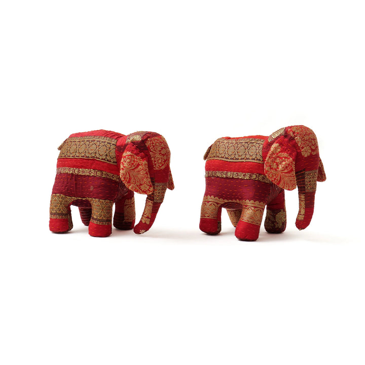 Jewel Striped metallic kantha Elephant Soft Toy- Red