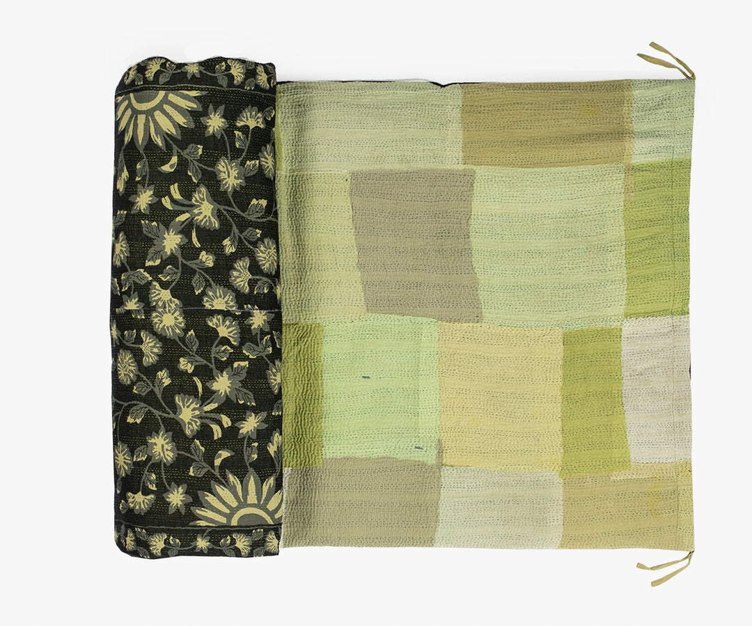 Mosaic Fray Handmade Vintage Kantha Day Bed Mattress Cover - Green