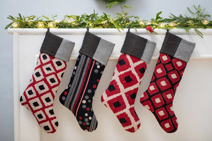 Monotone Ikat Kantha Stocking - Red