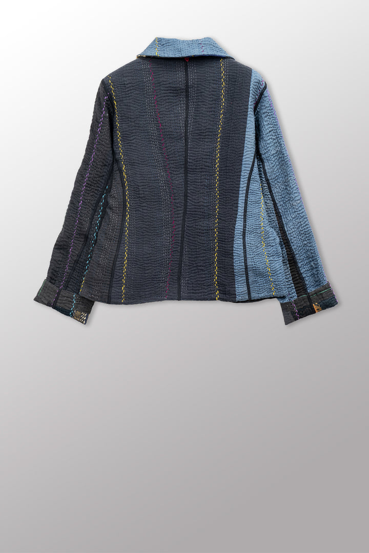 JEWEL WOVEN WITH VERTICAL PATCH KANTHA CROPPED BASIC JACKET - jv4096-blk -