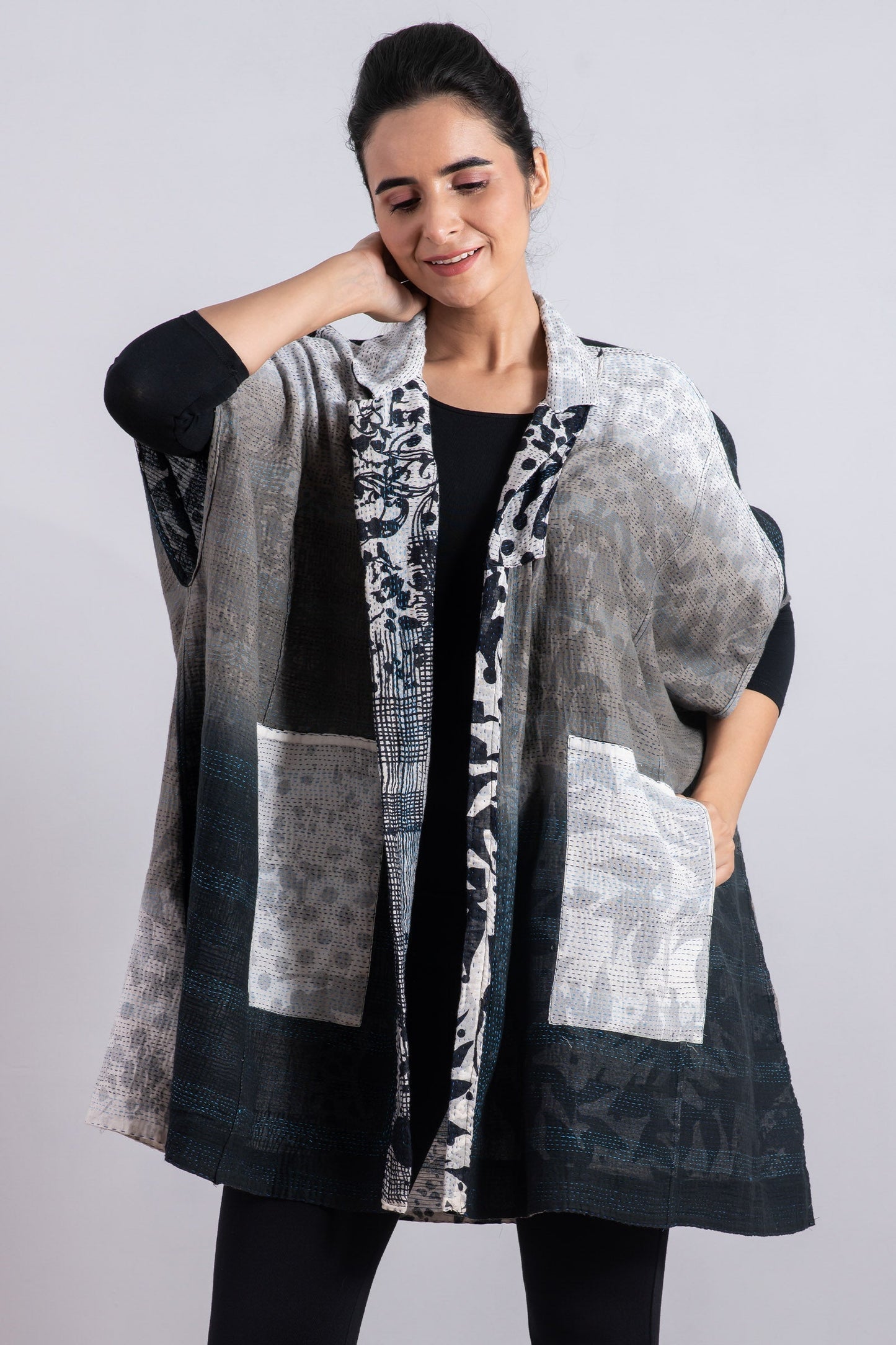 MONOTONE TWILIGHT PRINT KANTHA SHIRT PONCHO - tp2545-wht -