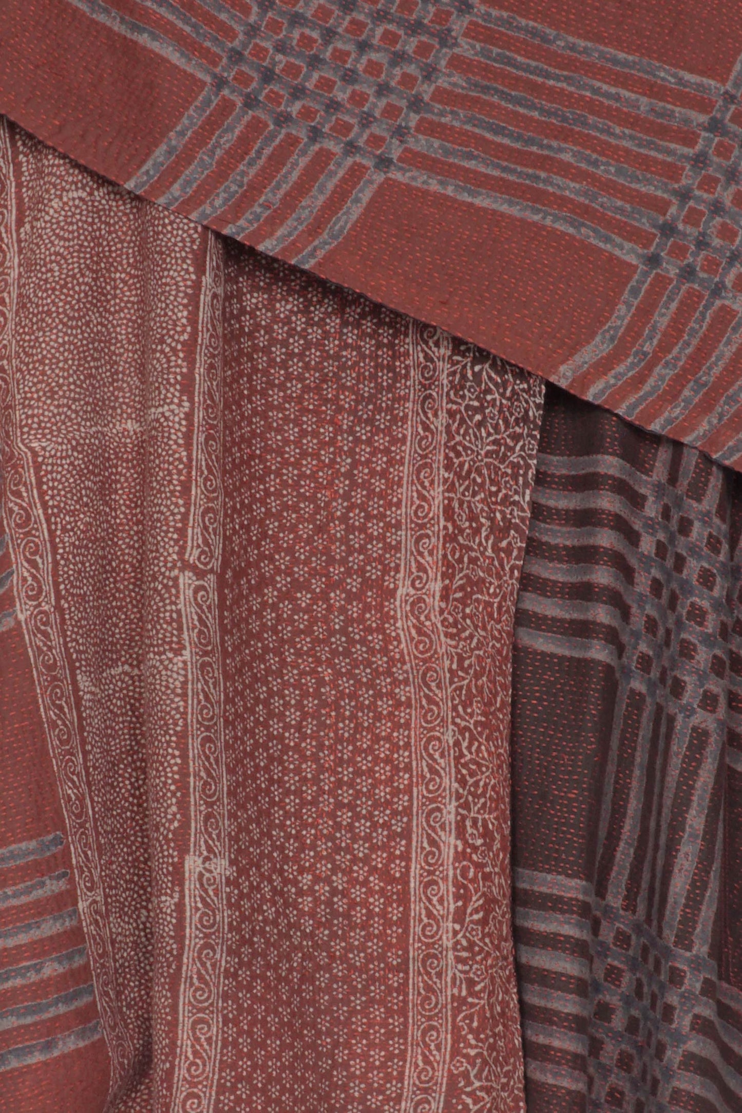 INDONESIAN PRINT & BORDER SHIBORI KANTHA COWL NECK FLARE TOP - ib2529-red -