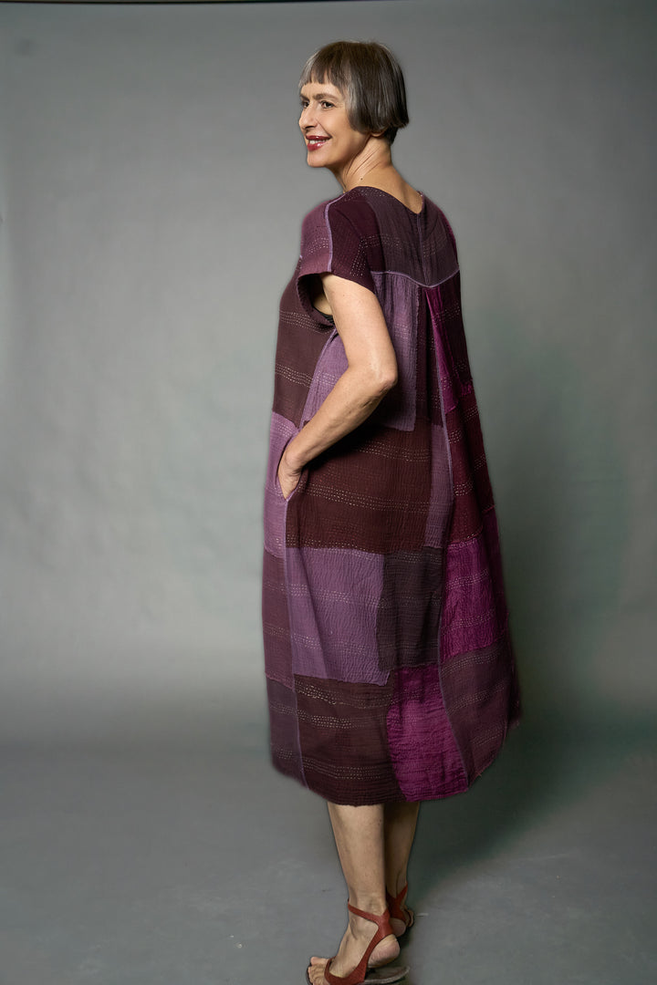 MOSAIC FRAY PATCH KANTHA V-NECK FRENCH SLV. DRESS - zb2467-prp -