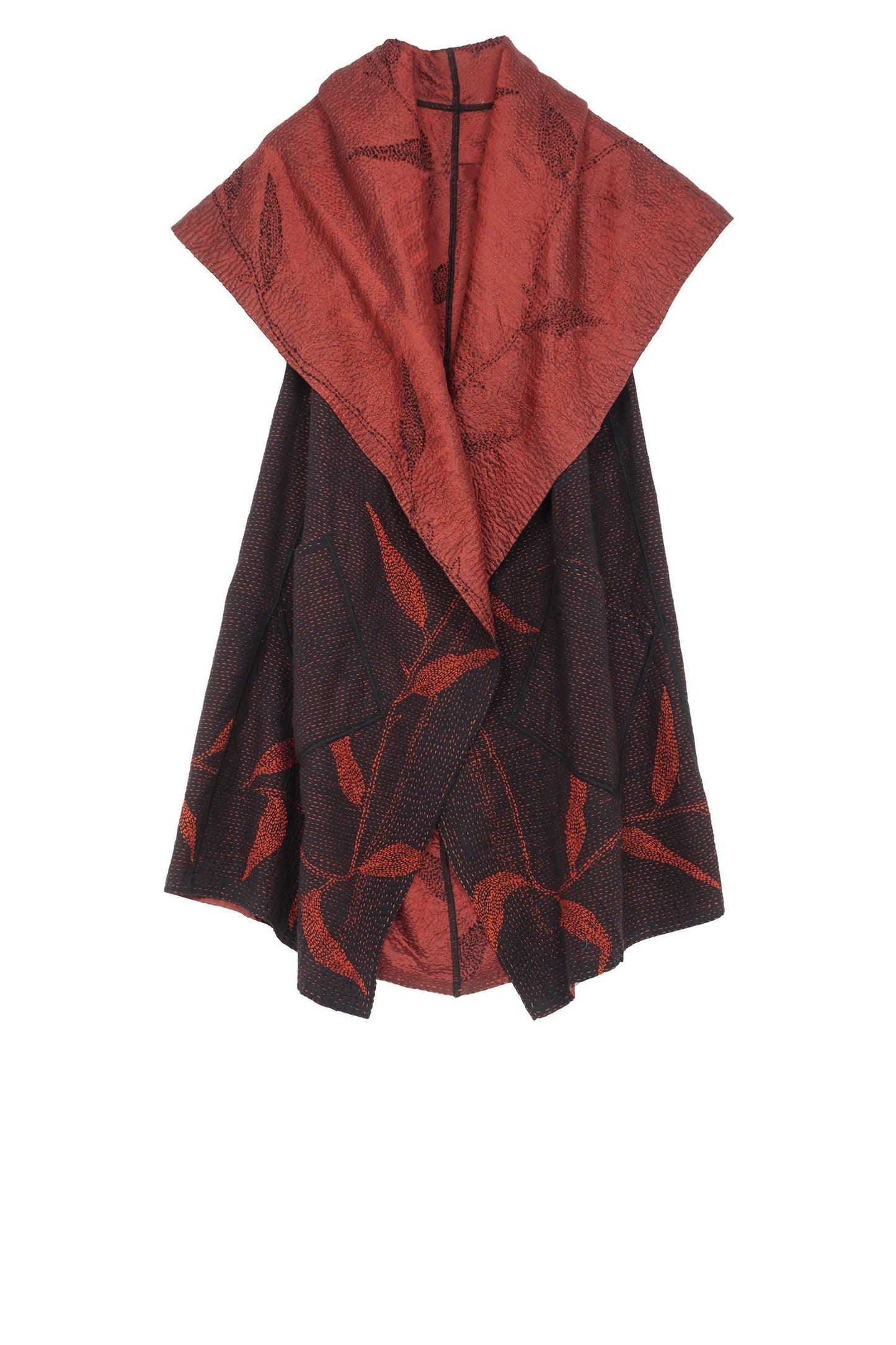 NIGHT BAMBOO SILK COTTON KANTHA CIRCULAR VEST - nb2201-red -